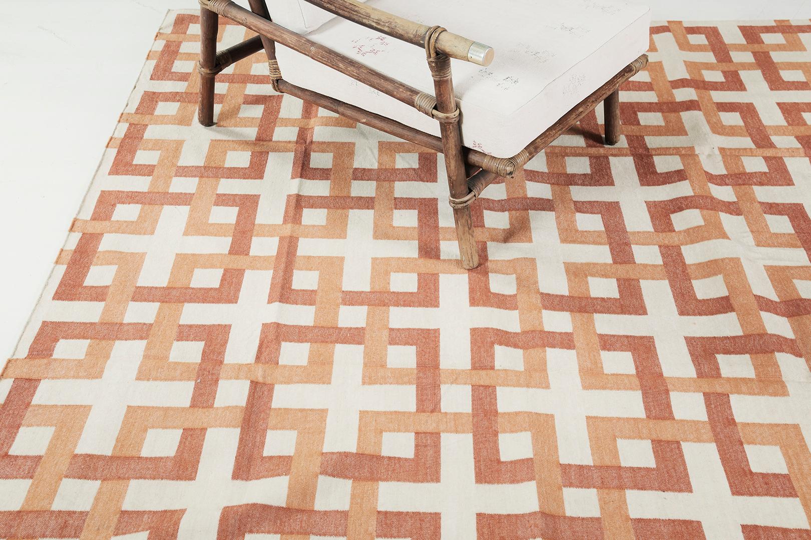 Hand-Knotted Mehraban Contemporary Flat-Weave Rug Cielo Collection Estera Tangerine For Sale