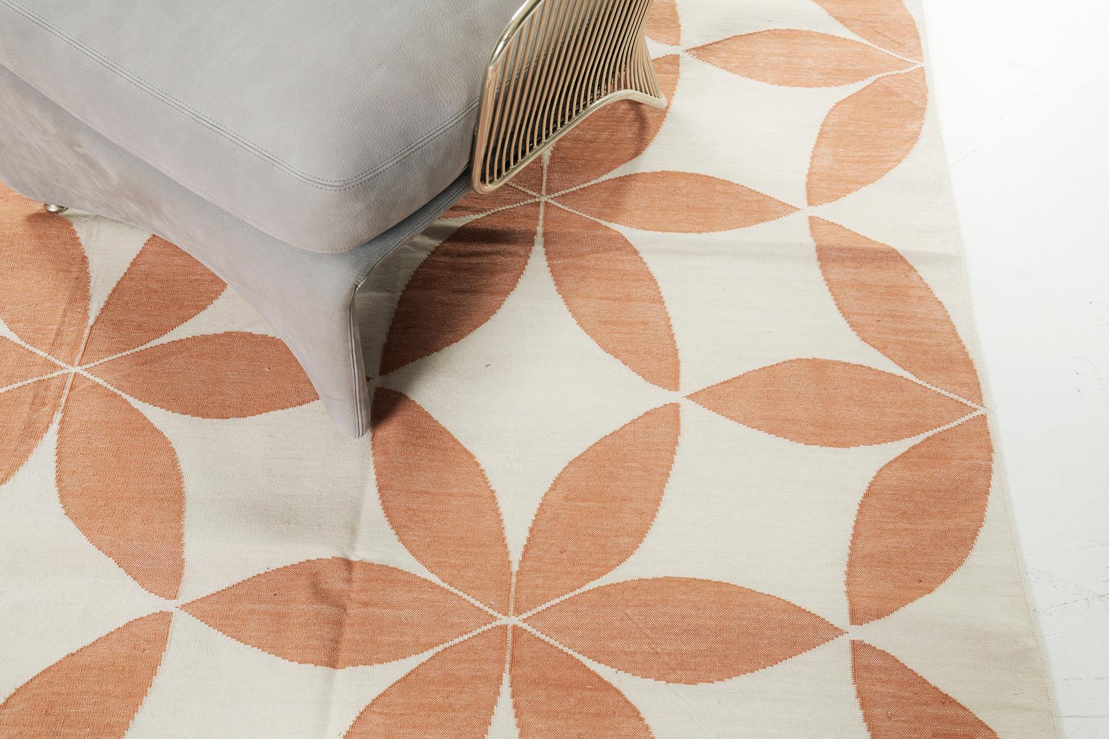 Hand-Knotted Mehraban Contemporary Flat-Weave Rug Cielo Collection Flora Tangerine For Sale