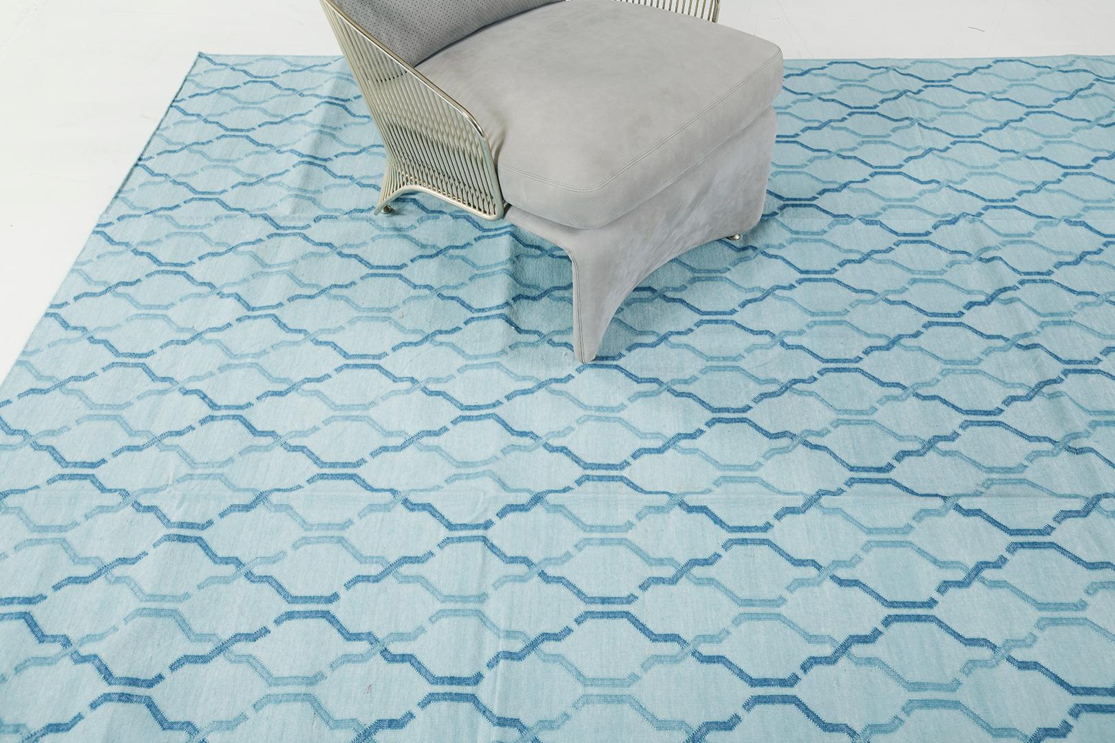 Hand-Knotted Mehraban Contemporary Flat-Weave Rug Cielo Collection Zenia Turquoise For Sale