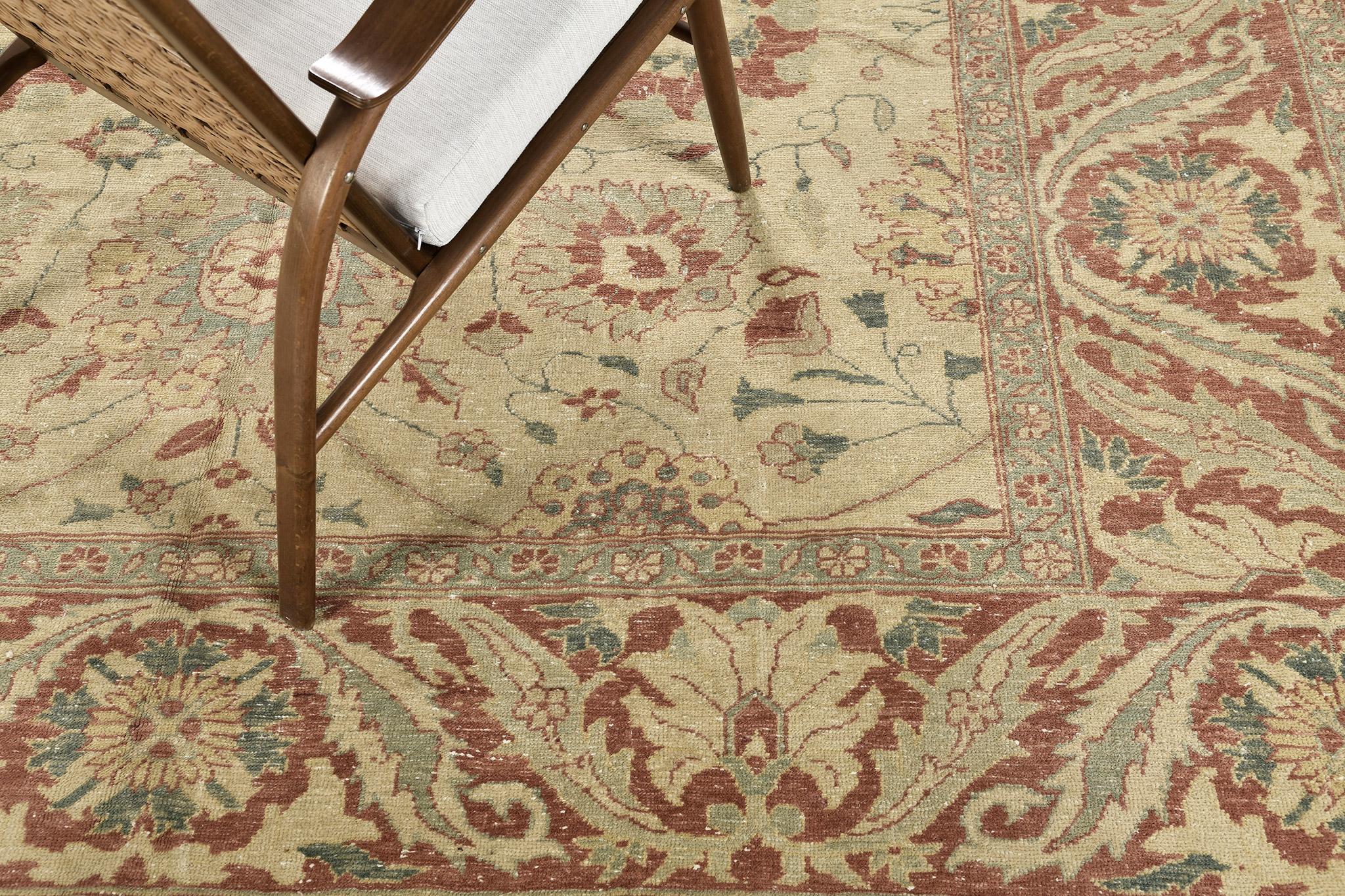 A gorgeous revival of the Egyptian Sultanabad square rug was made from hand-spun wool and woven meticulously. All the prettiest foliage and sophisticated florid borders are matched and will captivate your guest's heart. Traditional themes will be a