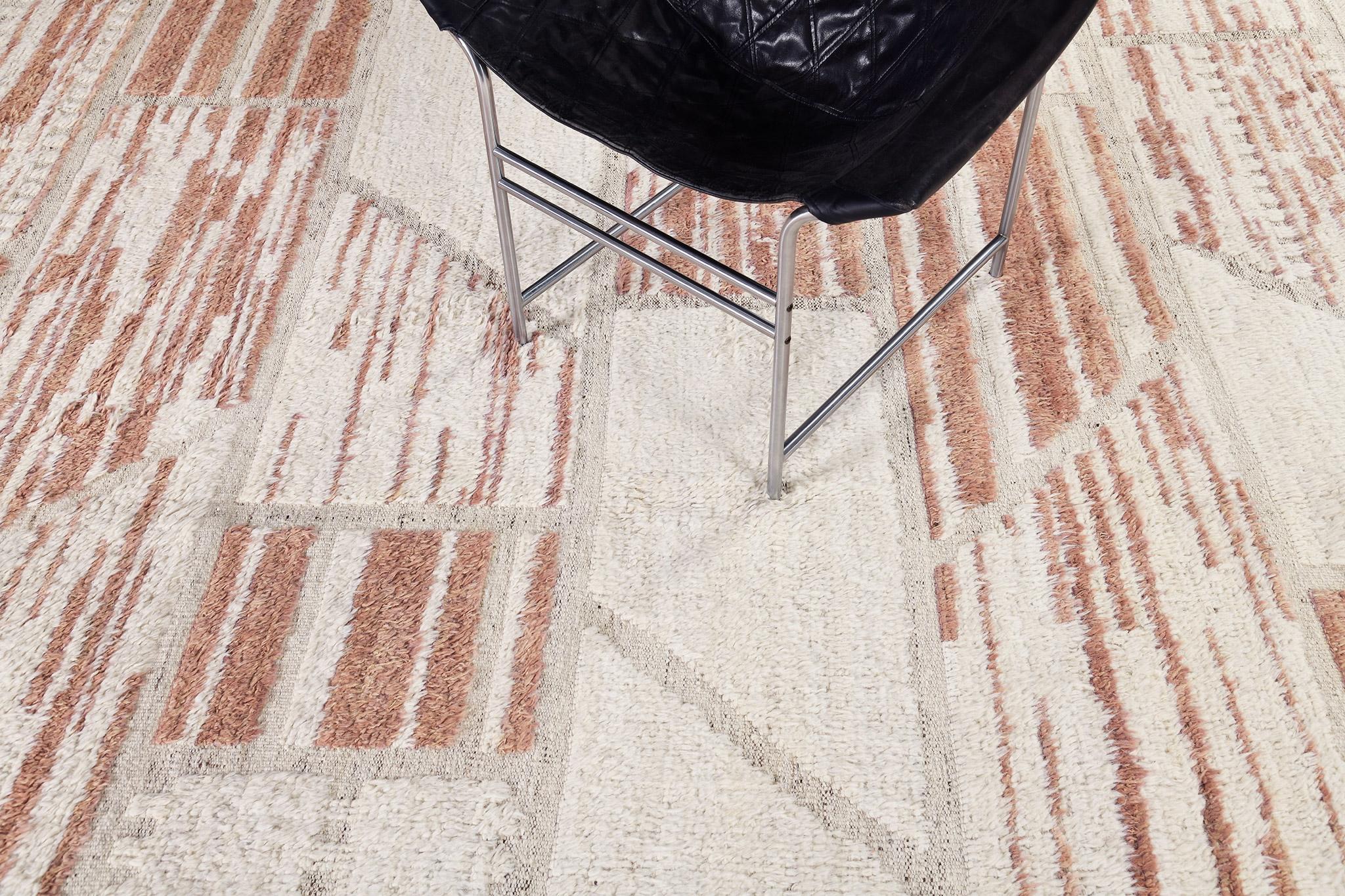 Flogen features its embossed pile weave of earthy tones with pigments of muted coral and a remarkable layout. A contemporary and modern masterpiece that modifies your space into a sophisticated and chic home. Mehraban's Atlas collection is noted for