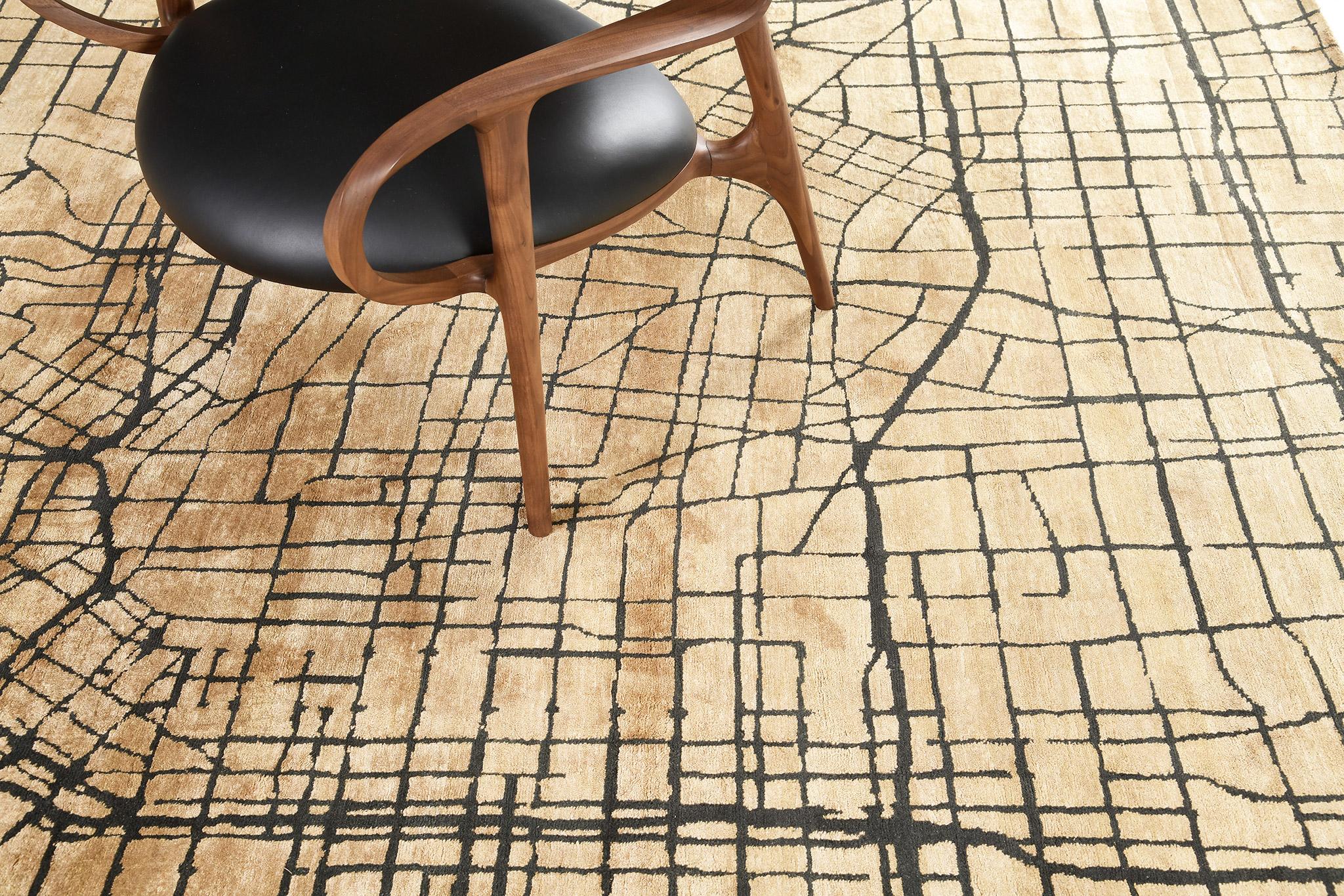 Mason is an homage to Erica's L.A. roots. The rug takes the bird's eye (or private plane) view of the urban landscape into a wool field of gold traced with black, cream traced with silver, with other colorways available including dark charcoal