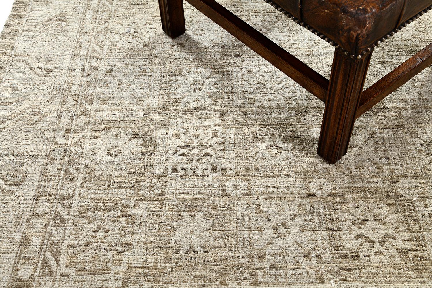 A meticulous revival of a Khotan Design Rug, ideally suited for a floor wall piece. An all-over design in camel-toned outlines is aligned in a muted panel vegetable dye. From borders to the field, it compliments every single detail to achieve a