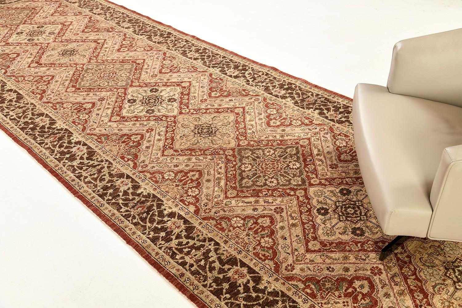A Farahan revival that makes every guest stunned, which the borders harmoniously contribute to the florid motifs. Brilliant elegant tones enhance the beauty of the runner and will match in any space you want. Traditional home-style and mid-century