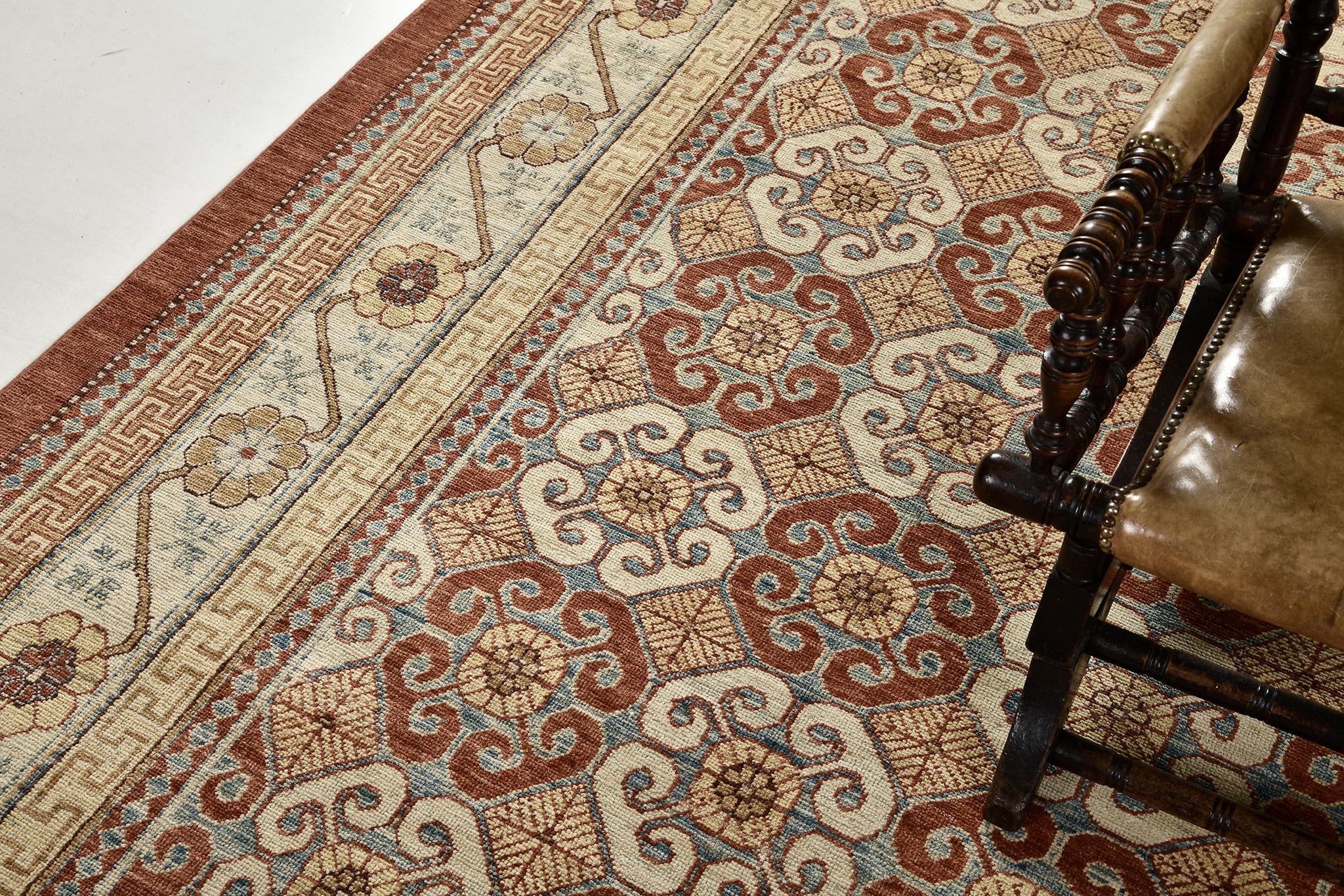 A phenomenal Mamluk revival that features the vivid tones gold, orange, dusty blue and and cream that gives a space a contemporary feel. Featuring the all-over ornate embellishments of a flower enclosed by a Ram’s horn which symbolizes power, this