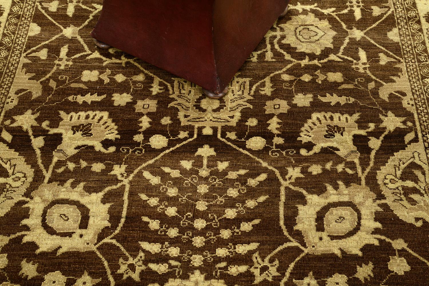 Series of symbolic motifs and ornaments are reflected through dazzling tones of embellishments to telling a historical event in the umber brown field. The borders are beautifully hand-woven that created from a vegetable dye to form an elegant