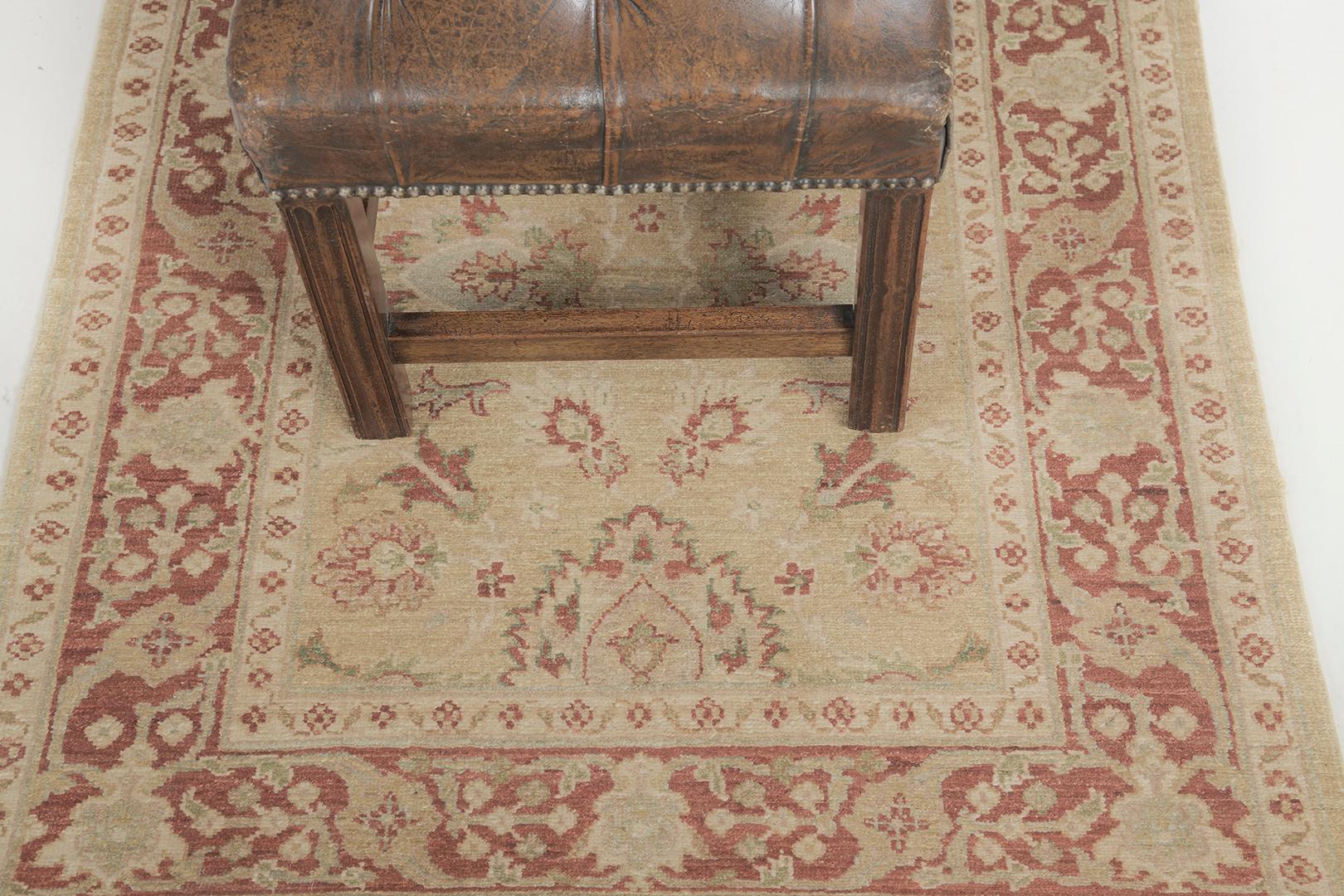Stunning elements and florid adornments are expressed through red and gold embellishments. Surrounded by the fascinating motifs in red borders which are beautifully hand-woven that created from a vegetable dye to form a classy Sultanabad Runner.