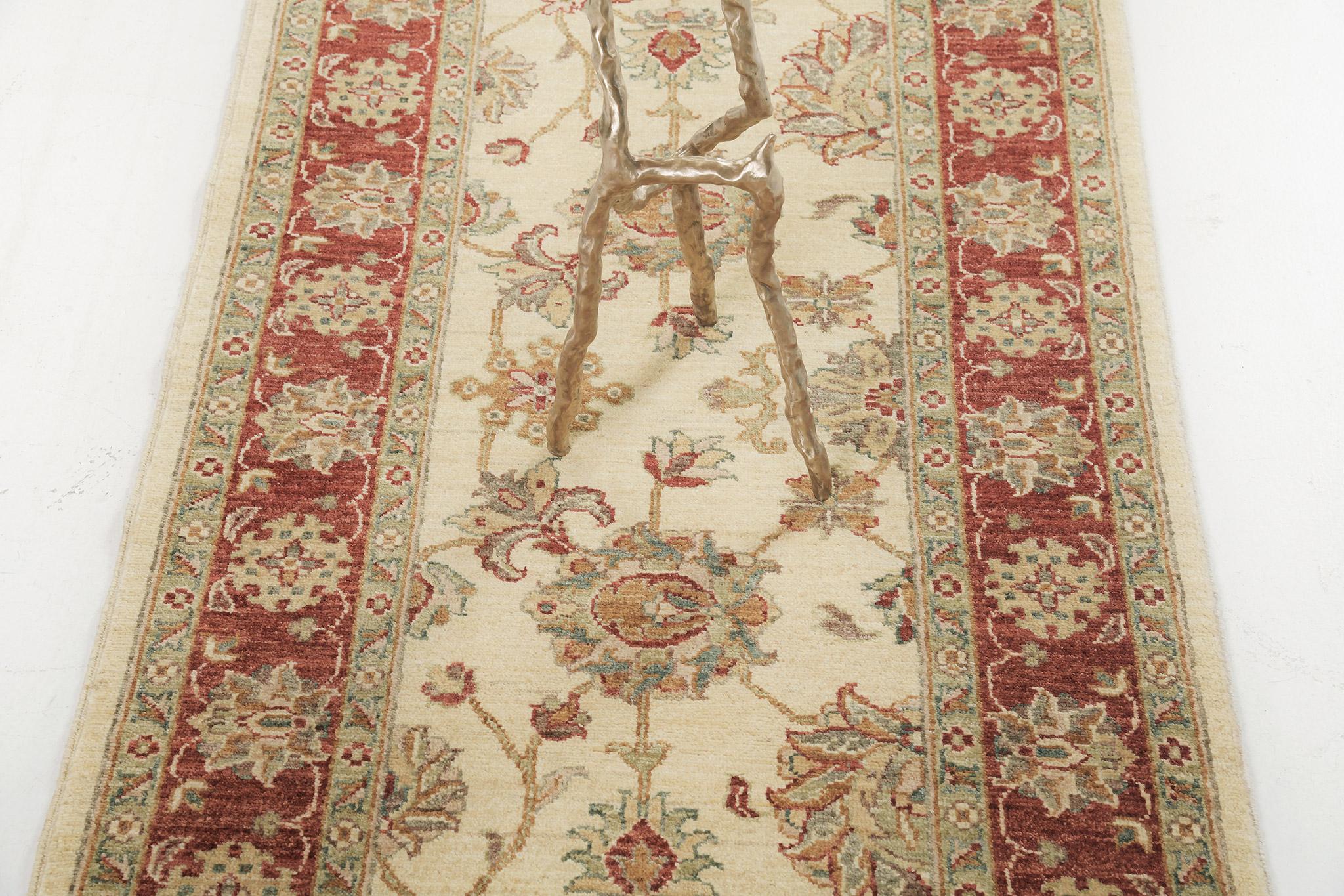 Series of medallions and florid ornaments are reflected through gold embellishments to blooming and calming taupe fields. The borders are beautifully hand-woven that created from a red vegetable dye to form an elegant Sultanabad runner. Truly a