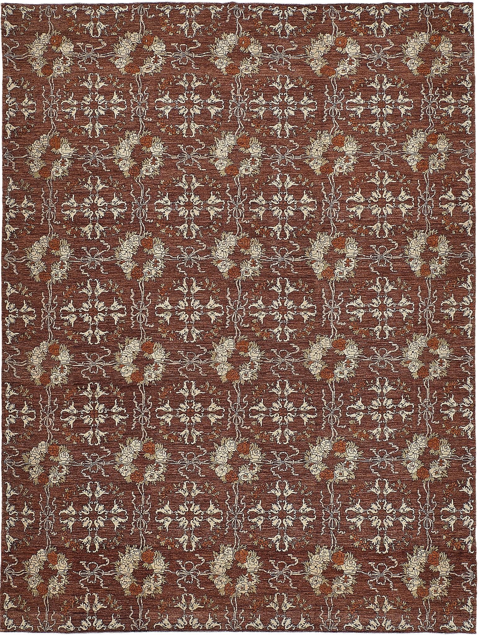 This enchanting rug that is made of hand spun wool and natural dye features an elegant cluster of roses intertwined by gracefully knotted vines in a reddish-brown sepia field. It gracefully displays garden of stylized blooms which exudes the sense