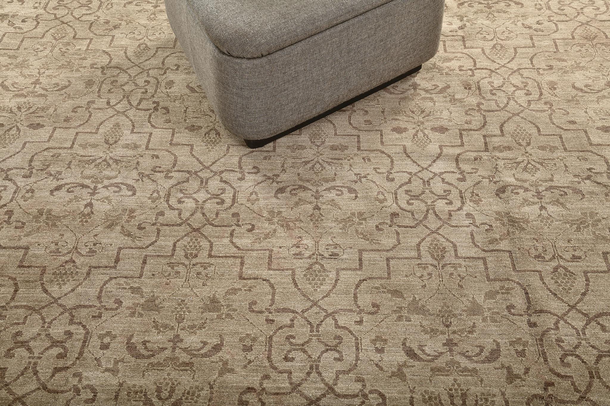 This elegant and timeless Transitional type of rug made from vegetable dye has an intricate symmetric pattern and has clear grandiose medallions all over the design. The details of these patterns are perfectly spun in a cream field. If you want a