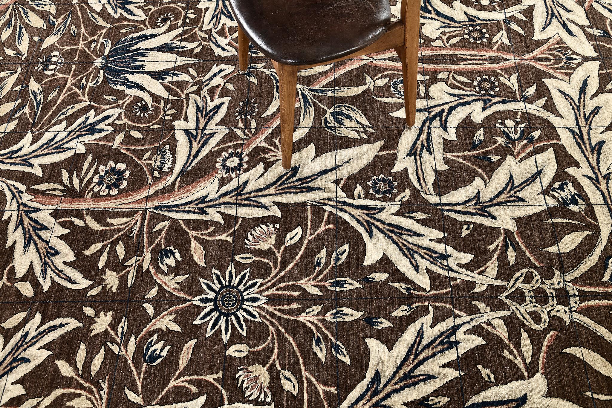 A magnificent William Morris design rug that features its naturalistic forms and bold colours. A repeating all-over nature-inspired foliate pattern composed of densely intertwined acanthus leaves rhythmically spread across the field. This piece