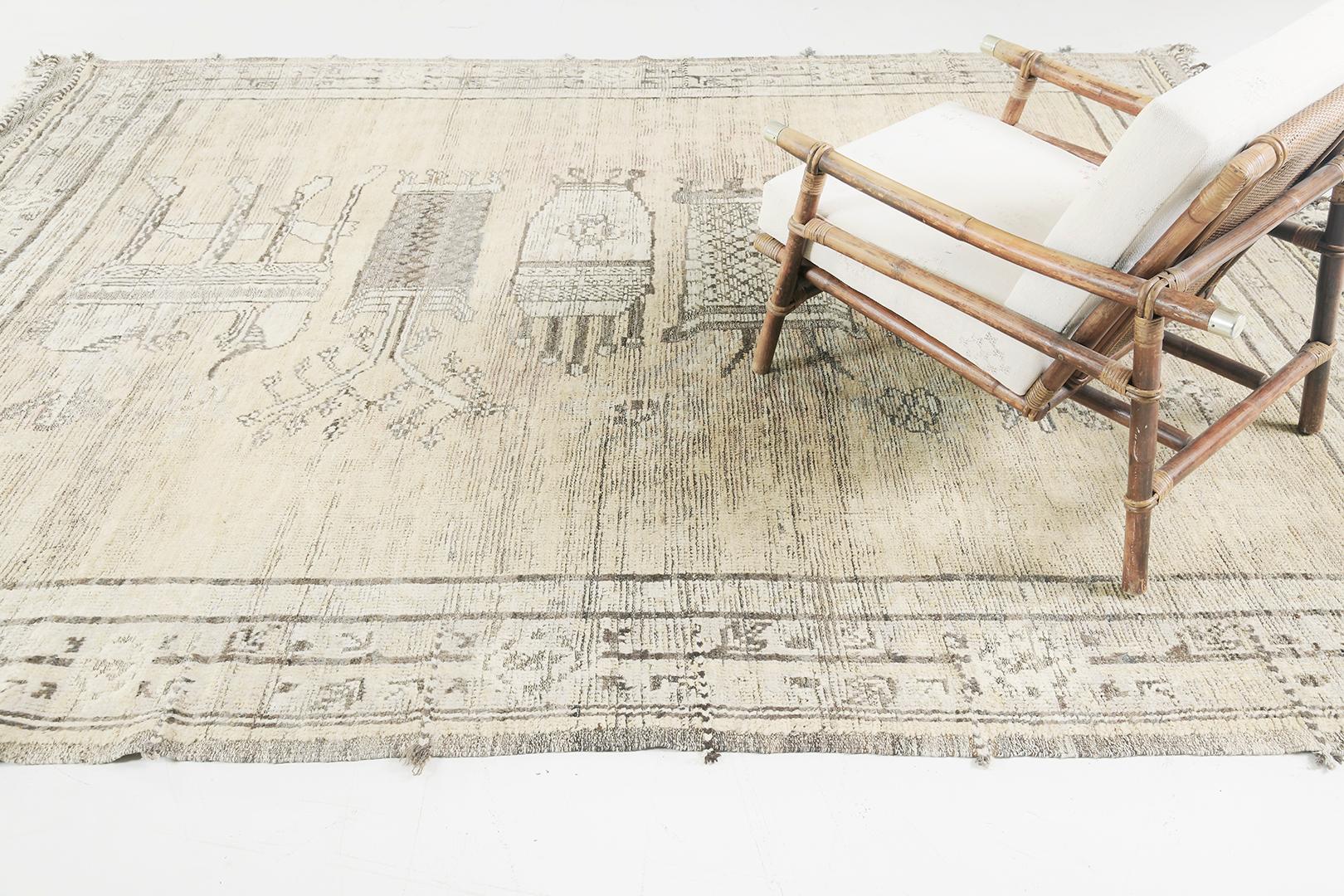 This alluring Samarkand reviaval rug is a masterful rendition of classical Khotan rugs. This rug's exceptionality is open to interpretation with its tribal designs amongst the light cream field. The precision of design and soft feel of Samarkand