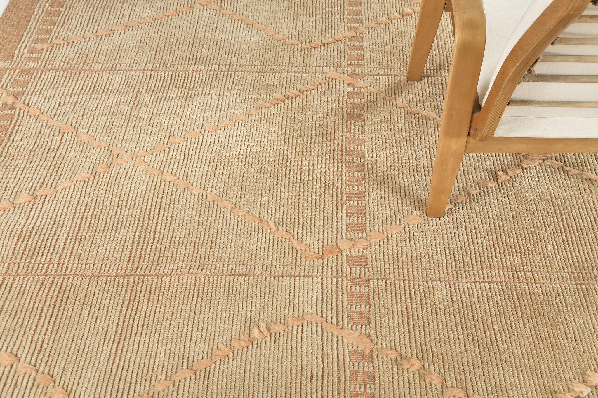 A Moroccan inspired design with formal resolve. Sangiovese's trim pile hosts a classic diamond trellis motif. Contrasting flatweave accents ground the composition.

Here in sunny apricot.

The Estancia Collection by Mehraban is a group of casually