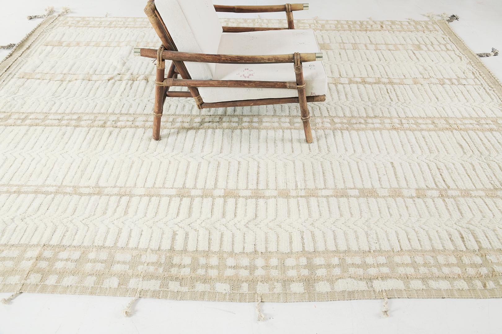 Tala’ displays a series of linear formation cohesively blending together forming a distinct character of the entirety of this magnificent rug. Rendered in chocolate beige and ivory, the texture of this mesmerizing rug brings out the warm and cozy