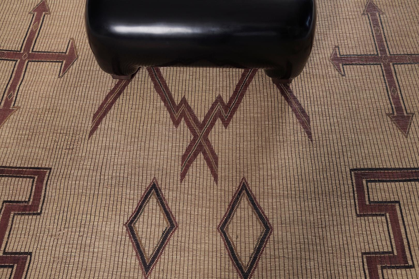 Keeping one's culture transferred to a rug is a story to tell. Umber brown and red schemes in arrow, cross patterns, zigzag, knots, I's, and diamond symbols are featured that are made in reed and leather to make it last. Another masterwork to add up