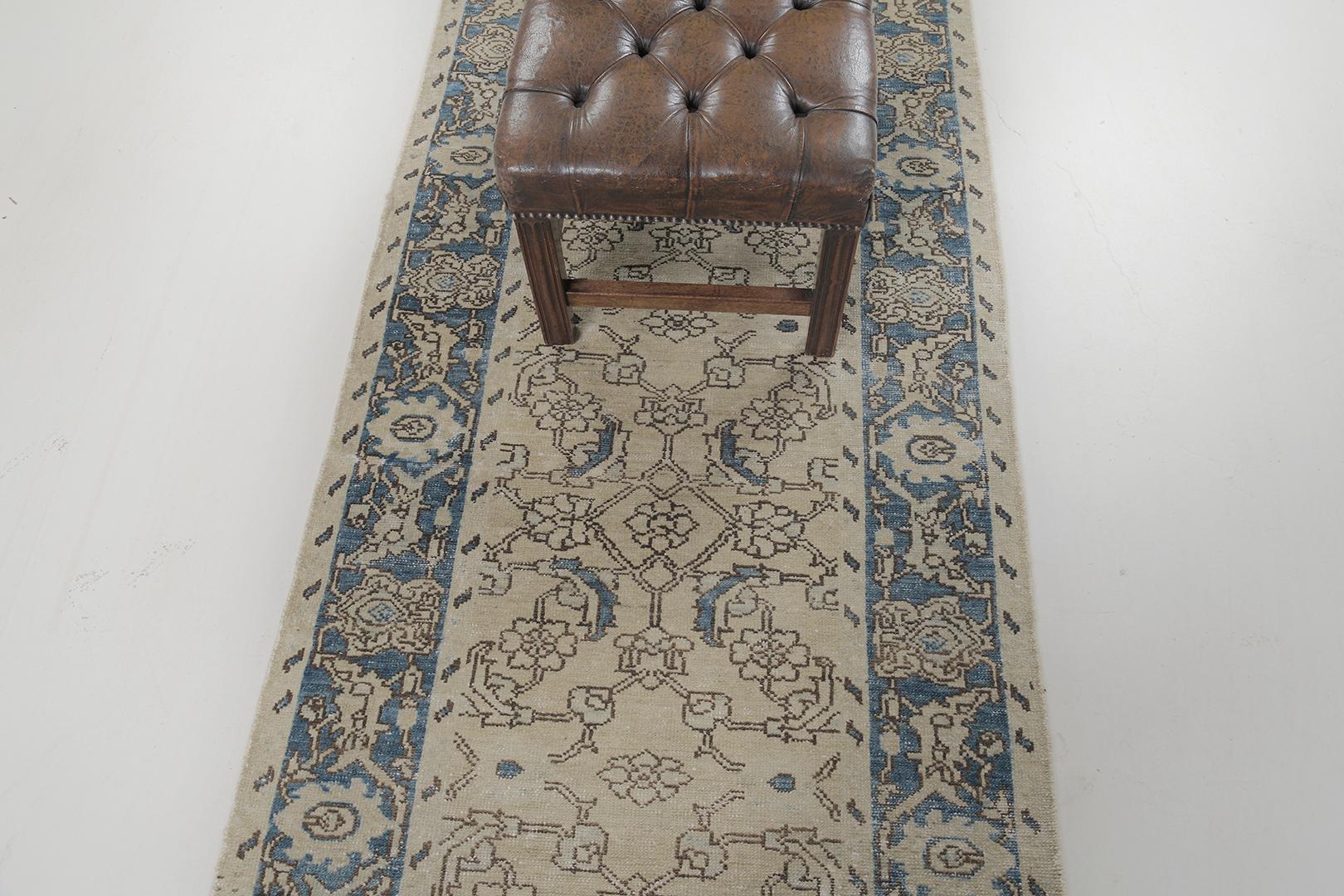 This gorgeous and elegant Persian Malayer rug carries a sophisticated pattern and has neutral-toned symmetrical patterns and blue accents all over the design. Also, blue-tone color borders and neutral-toned elements are perfect with majestic motifs.