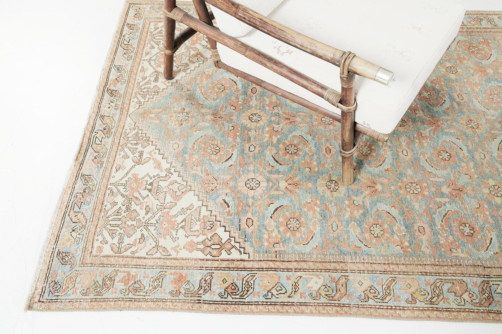 A gracefully composed Vintage Persian Malayer rug that is a majestic illustration of sophistication and artsy elegance. Distinctive Herati motifs, blooming palmettes, stylized florals and florid patterns are showcasing appealing sophistication in