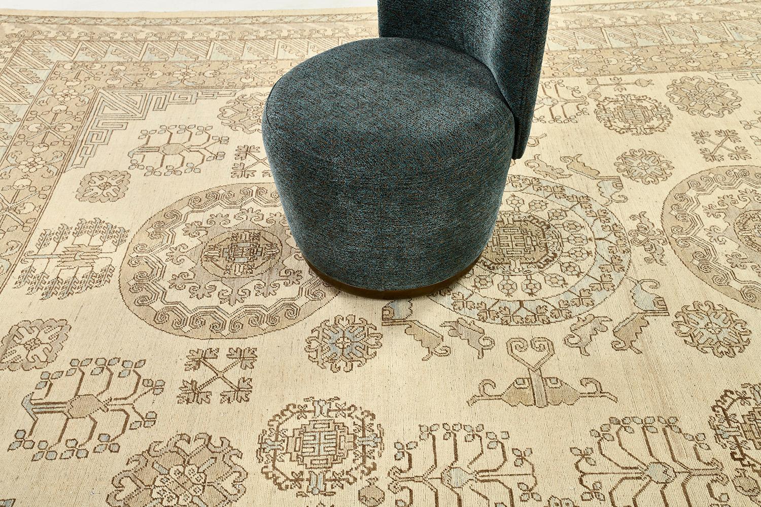 Noué à la main Tapis Mehraban de style Khotan à motifs vintage D5582 Safira en vente