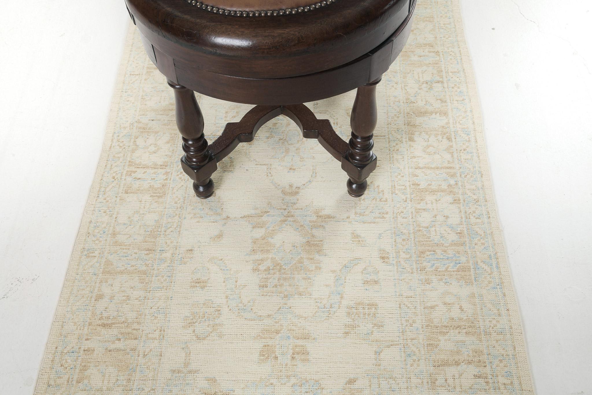 A series of symbolic impeccable ornaments are reflected through the blue and gold tones of vines to show sophistication in the cream field. The border is elegantly weaved to form a graceful Safira Runner. Conventional to stylish interiors will be