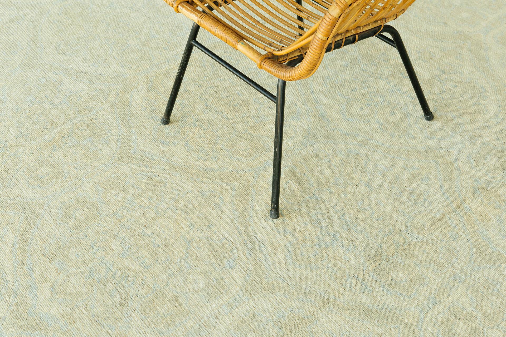 This pile weave Transitional rug intertwines traditional and contemporary design with identical patterns. Khaki is blended with cream, and also the sharpness and freshness of sage and  laurel green. By its versatility, transitional rugs are quite