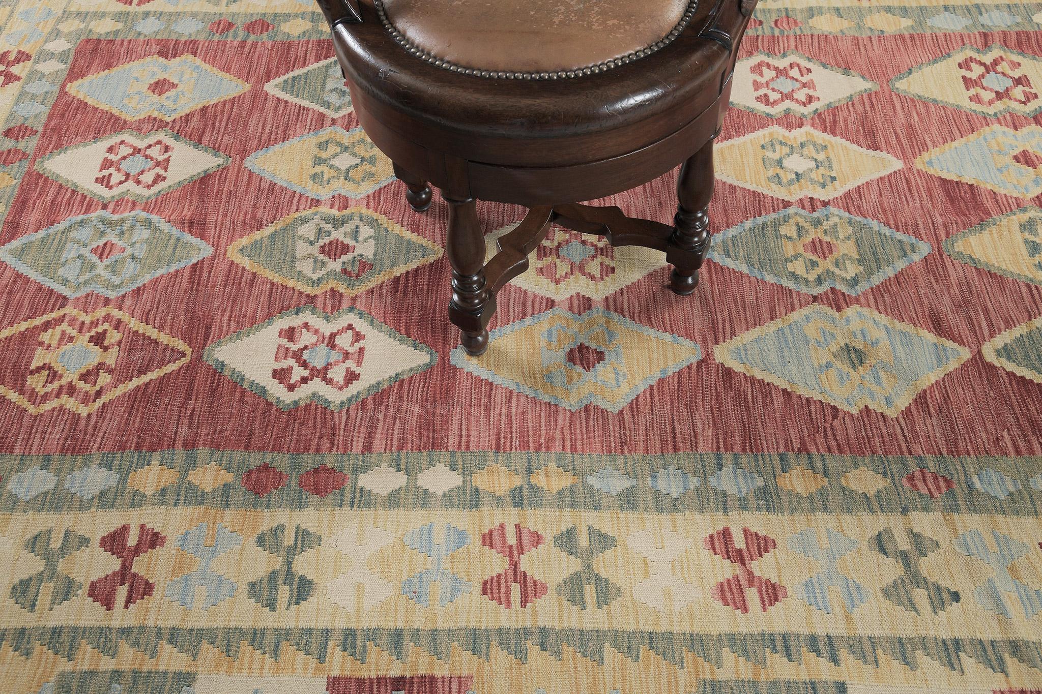 Five layers of borders are accentuated in this gorgeous flatweave kilim. It features a delicate pattern that is interesting and manageable to decorate. Traditional interiors are most often used by designers.

Rug Number
24929
Size
6' 9