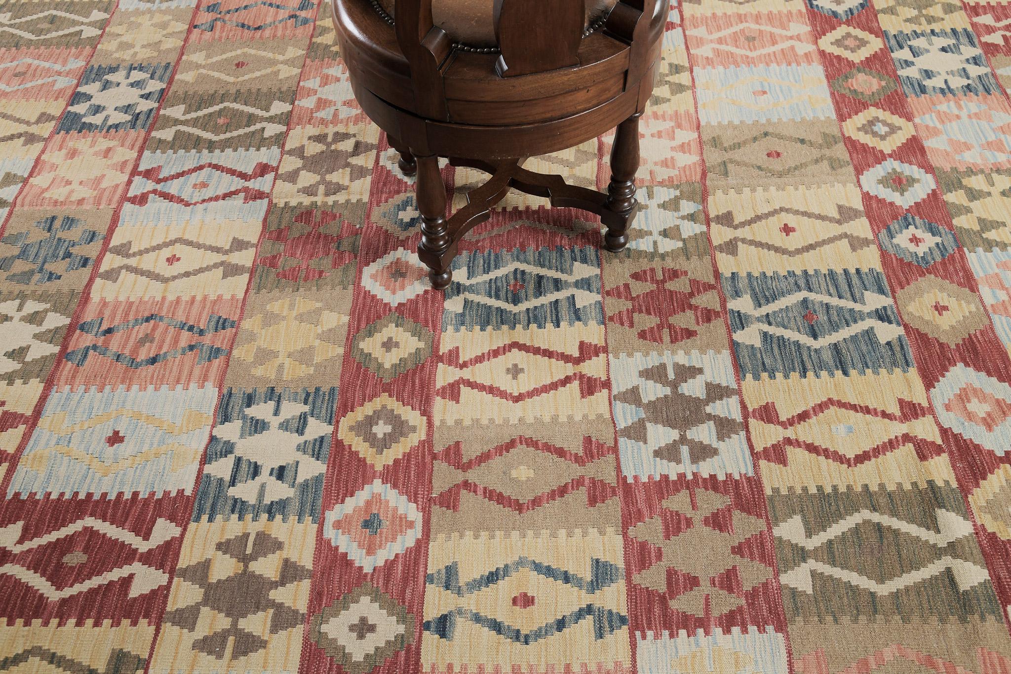 Eye, fertility, and diamonds are set in panel patterns featured in our Vintage style Kilim. The gorgeous color palette are remarkably stunning in red, yellow, brown, white, and peach. It captivates the designer's interest to bring out the best