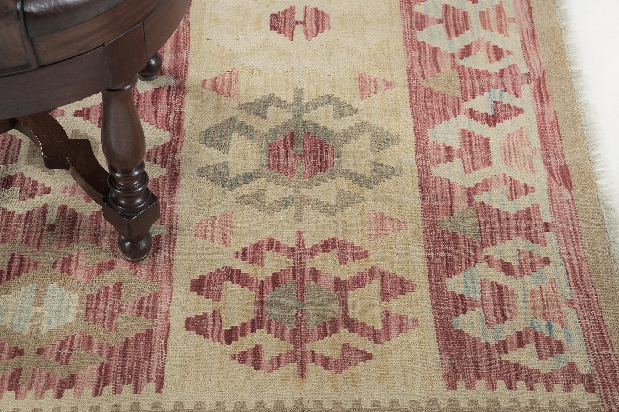 Scorpion patterns are featured in this stunning masterpiece. Yellow, red, light brown, and some variegated tones of blue and white, are perfectly woven in this Kilim. 

Rug Number
24942
Size
4' 1