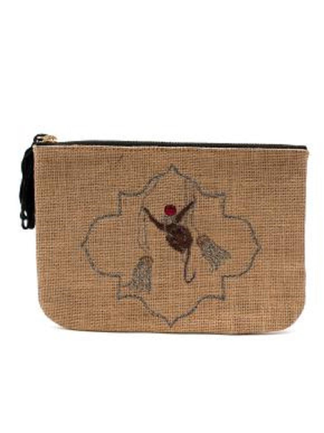 Mehry Mu Embroidered Beach Clutch 

- Woven raffia clutch bag with metallic monkey embroidered motif on one side and banana on the other 
- Black fabric and gold tone zip at the top opening 
- Suede tassel keychain
- Black leather interior