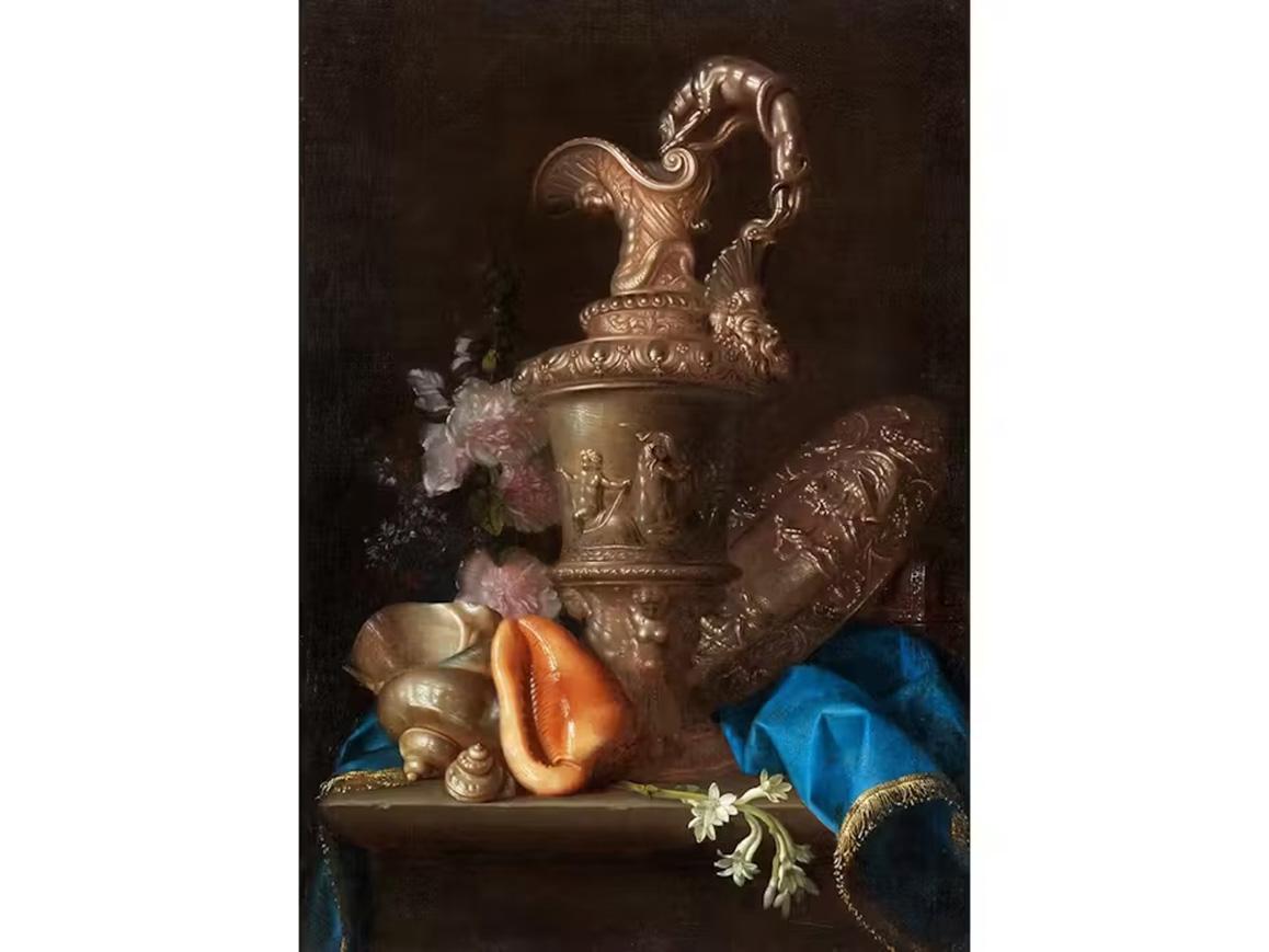 Meiffren Conte or Comte (Marseille, France, 1630 – 1705)
Title: A pair of paintings, still lifes with magnificent jugs and shell
Year: 1690 ca. 
Medium: Oil on canvas
Dimensions: without frame 96 x 68.5 cm each, with frame 103.8 x 77 x 4.5 cm