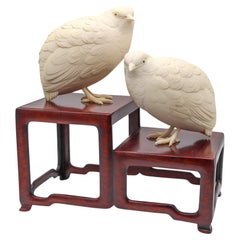 MEIJI 1890 Presentation Okimono Carved Pigeons In Wood Base Signed By The Artist