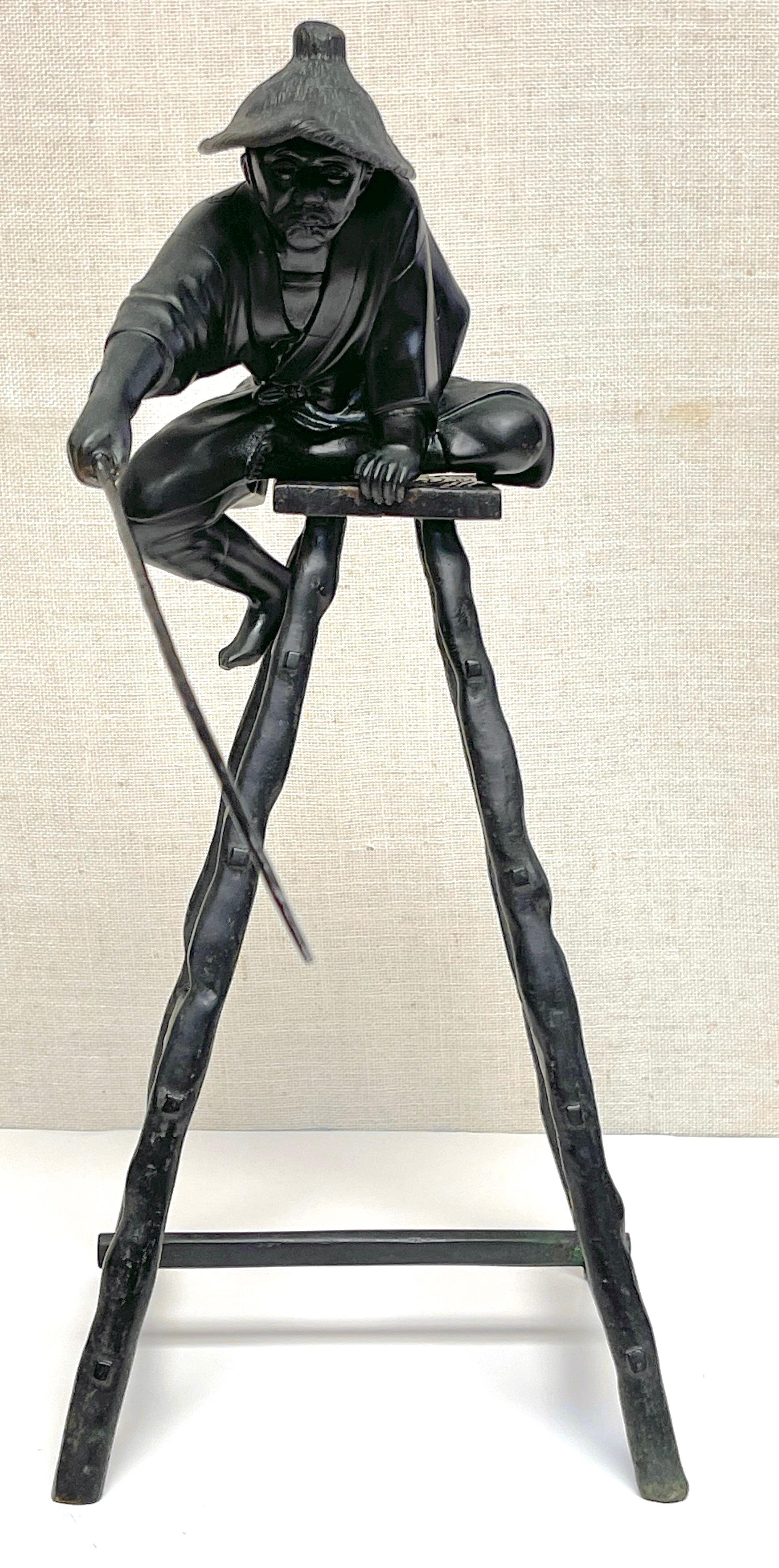 Okimono Meiji de bronce de pescador, sellado Masatsune Saku en Bueno estado para la venta en West Palm Beach, FL