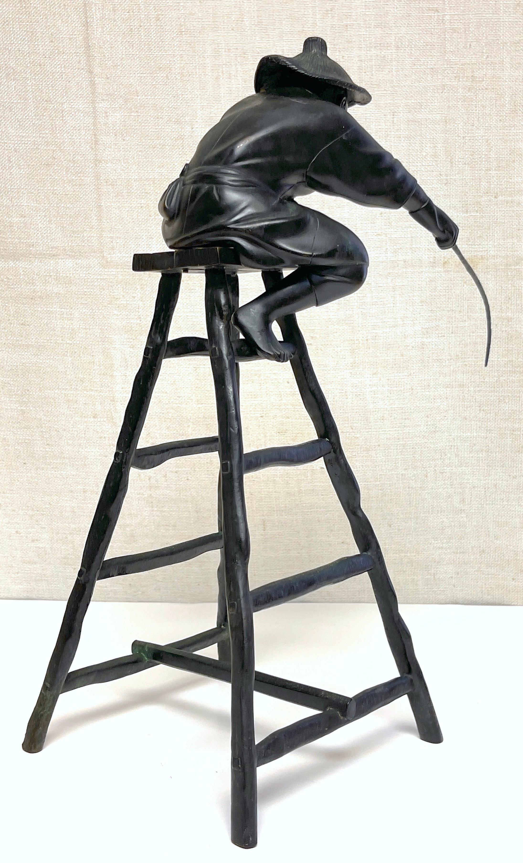 Okimono Meiji de bronce de pescador, sellado Masatsune Saku en venta 1