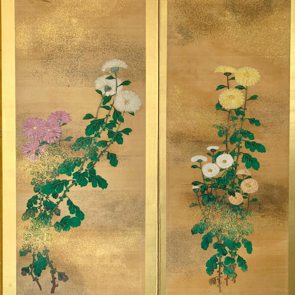 Step into a world of timeless beauty with our exceptional six-panel screen from the Edo-Meiji period. In impeccable condition, each panel features stunning paintings of chrysanthemums, symbolizing longevity, rejuvenation, and nobility in Japanese