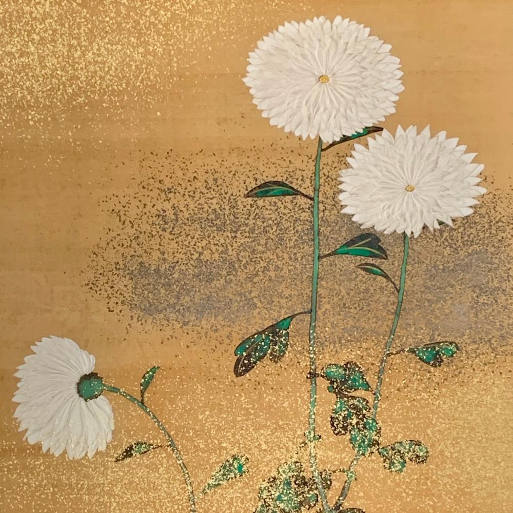 Step into a world of timeless beauty with our exceptional six-panel screen from the Edo-Meiji period. In impeccable condition, each panel features stunning paintings of chrysanthemums, symbolizing longevity, rejuvenation, and nobility in Japanese