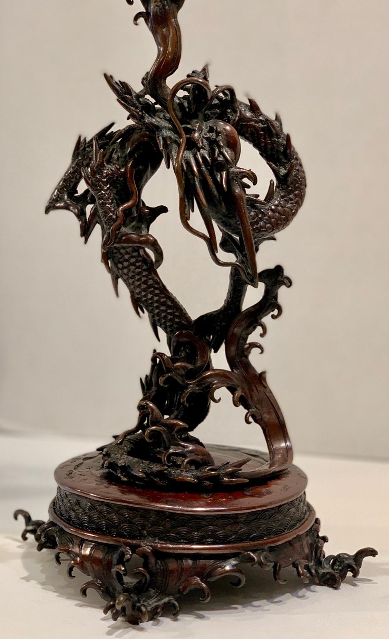 Meiji Era circa 1900 Antique Japanese Bronze Sea Dragon 3Arm Candelabra For Sale at 1stDibs