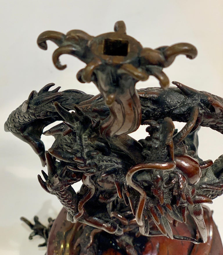 Meiji Era circa 1900 Antique Japanese Bronze Sea Dragon 3Arm Candelabra For Sale at 1stDibs