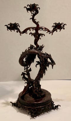 Meiji Era circa 1900 Antique Japanese Bronze Sea Dragon 3-Arm Candelabra