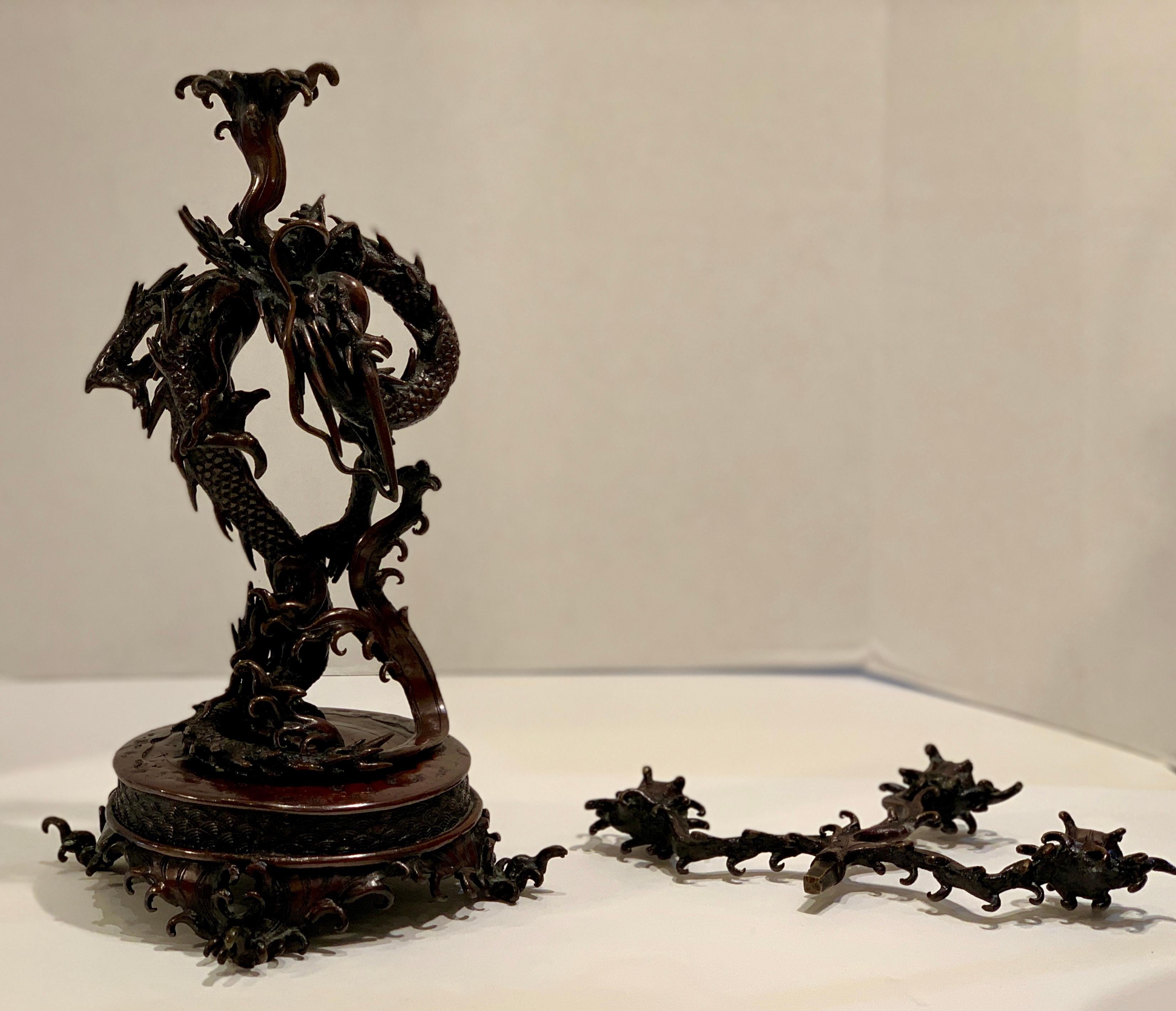 Meiji Era circa 1900 Antique Japanese Bronze Sea Dragon 3-Arm Candelabra In Good Condition For Sale In Tustin, CA