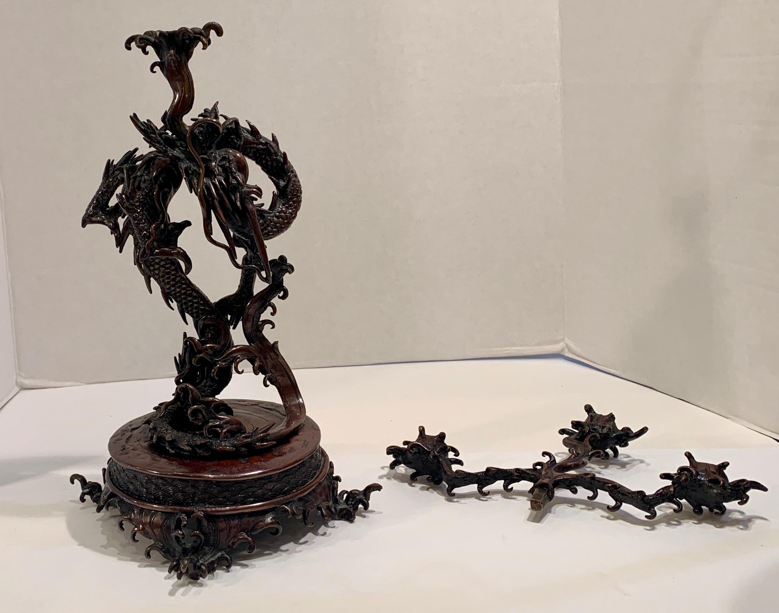 19th Century Meiji Era circa 1900 Antique Japanese Bronze Sea Dragon 3-Arm Candelabra For Sale
