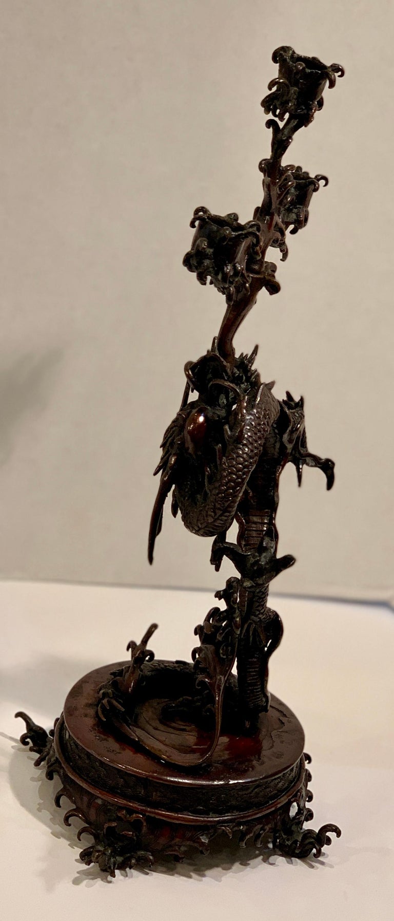 Meiji Era circa 1900 Antique Japanese Bronze Sea Dragon 3Arm Candelabra For Sale at 1stDibs