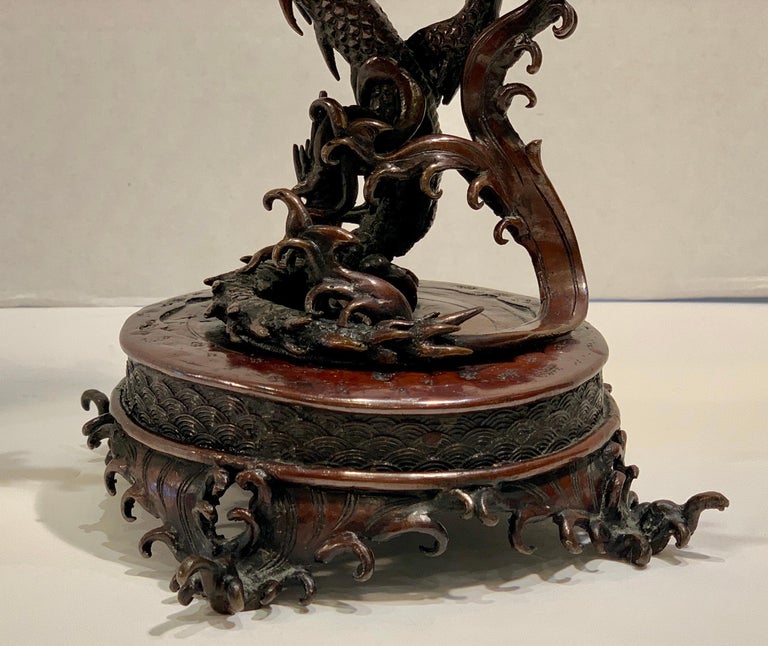 Meiji Era circa 1900 Antique Japanese Bronze Sea Dragon 3Arm Candelabra For Sale at 1stDibs