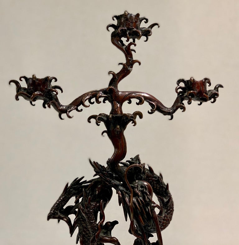 Meiji Era circa 1900 Antique Japanese Bronze Sea Dragon 3Arm Candelabra For Sale at 1stDibs