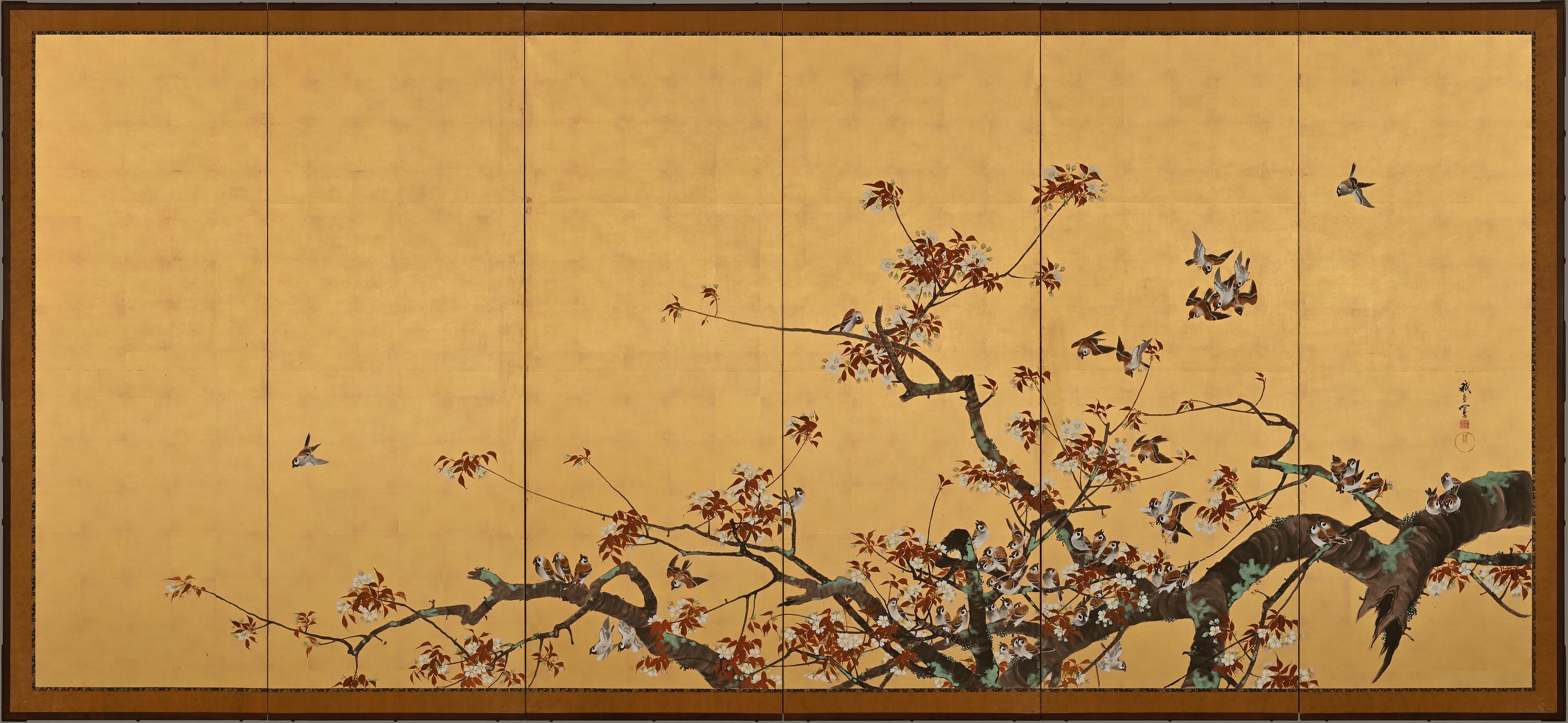 Flowers & Birds of Spring and Autumn

Unknown artist.

Japan. Meiji period, circa 1900.

A pair of six-fold screens. Ink, color, gofun and gold leaf on paper.

Signed: Gaga Sha

Top Seal: Minamoto Shoji In

Bottom Seal: