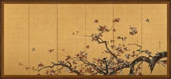Paar japanische Paravents aus der Meiji-Ära, um 1900, Blumen und Vögel im Frühling und Herbst