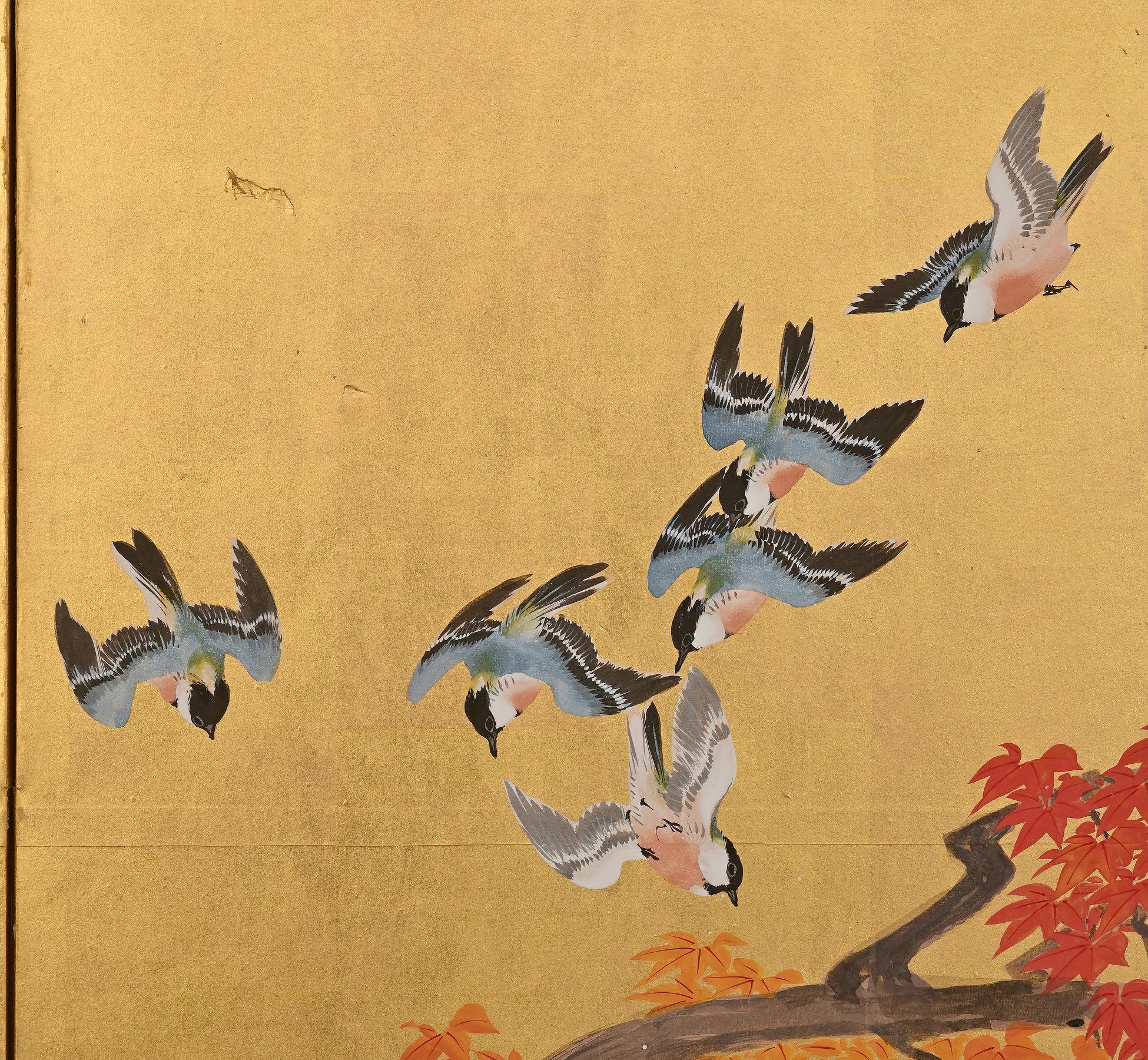 Meiji Era, Circa 1900 Japanese Screen Pair, Flowers & Birds of Spring & Autumn For Sale 1