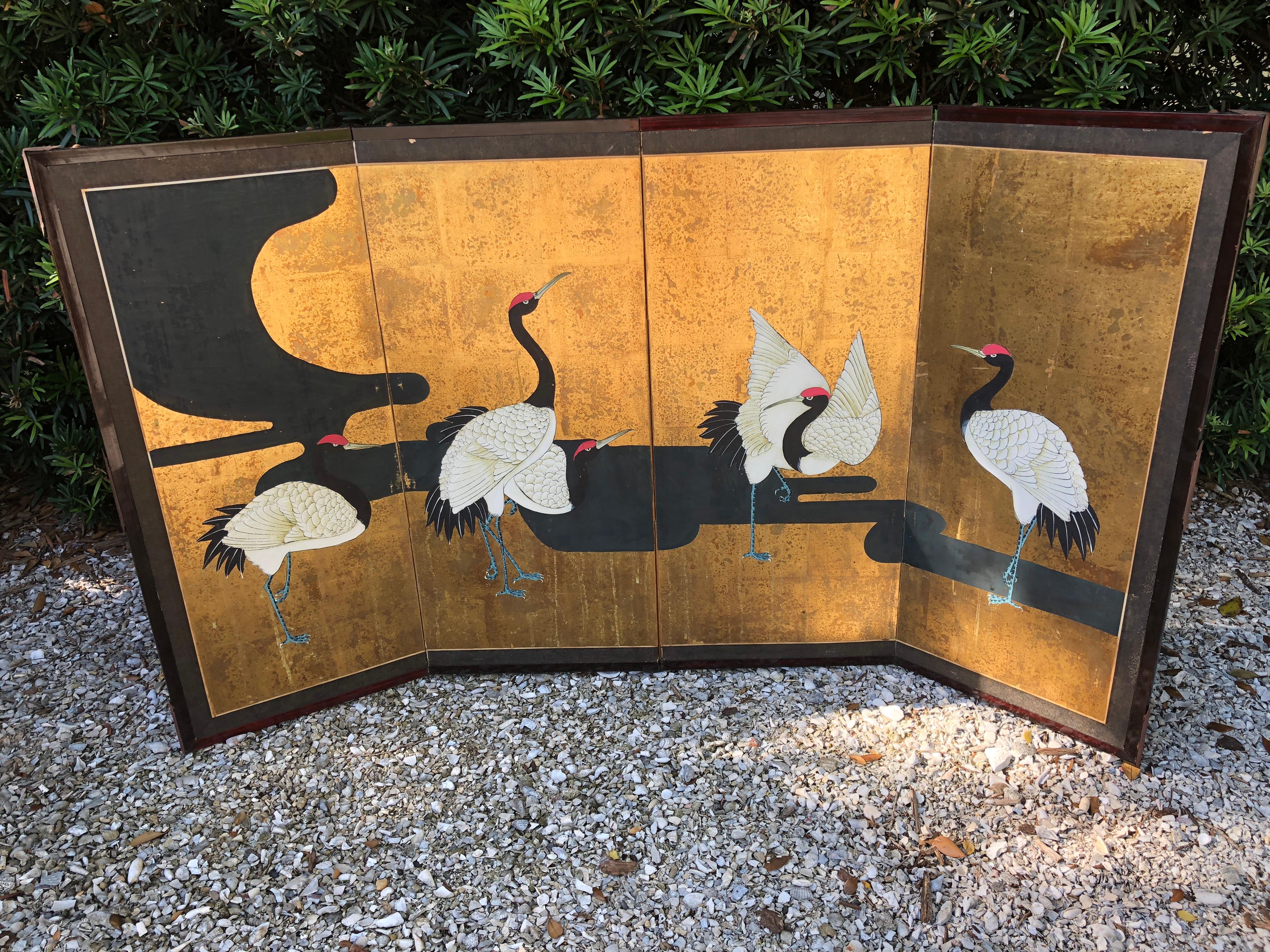 Meiji Era Cranes along a River Japanese Screen Grues Aux Bords D'une Riviere For Sale 9