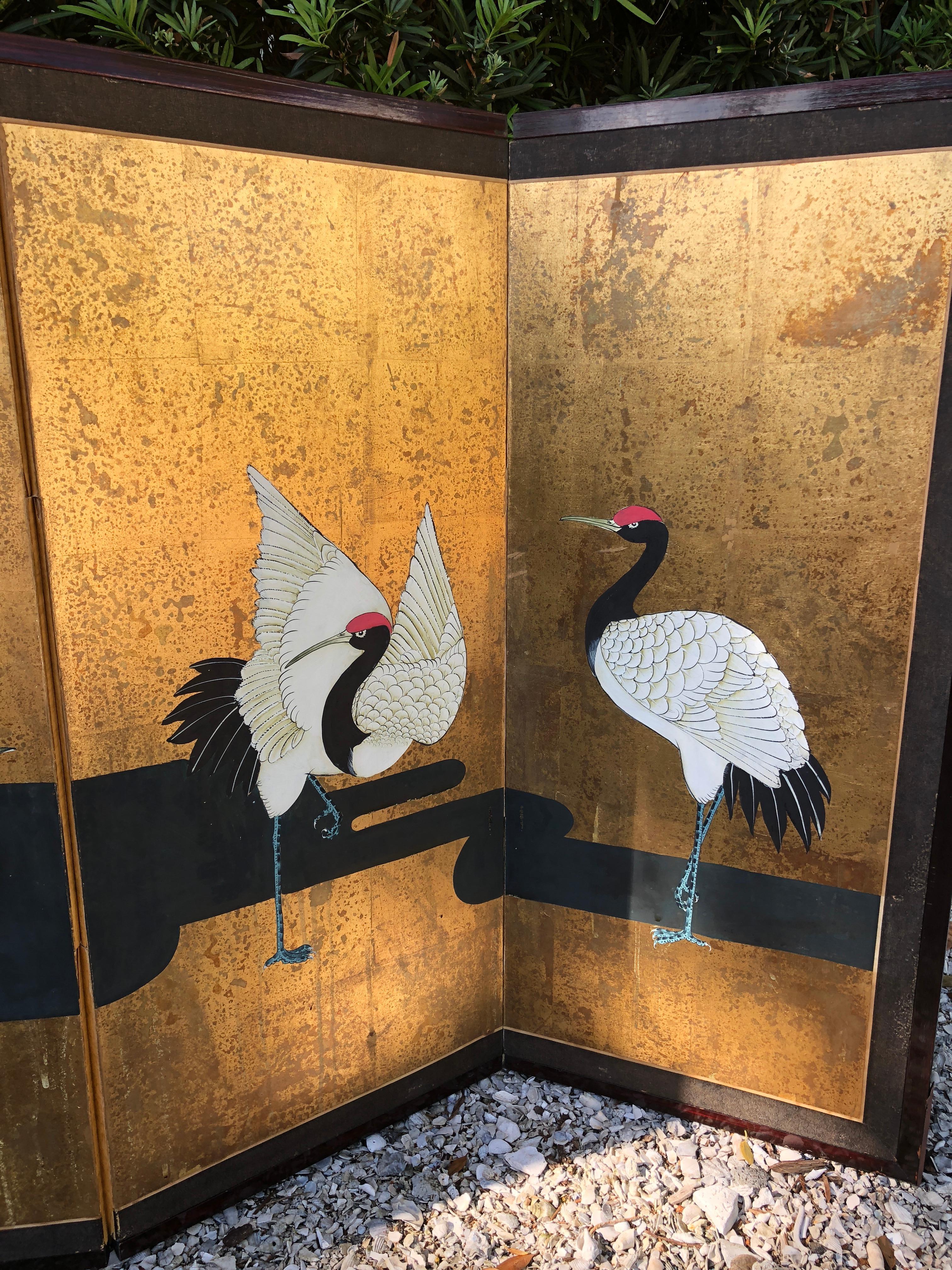 19th Century Meiji Era Cranes along a River Japanese Screen Grues Aux Bords D'une Riviere For Sale