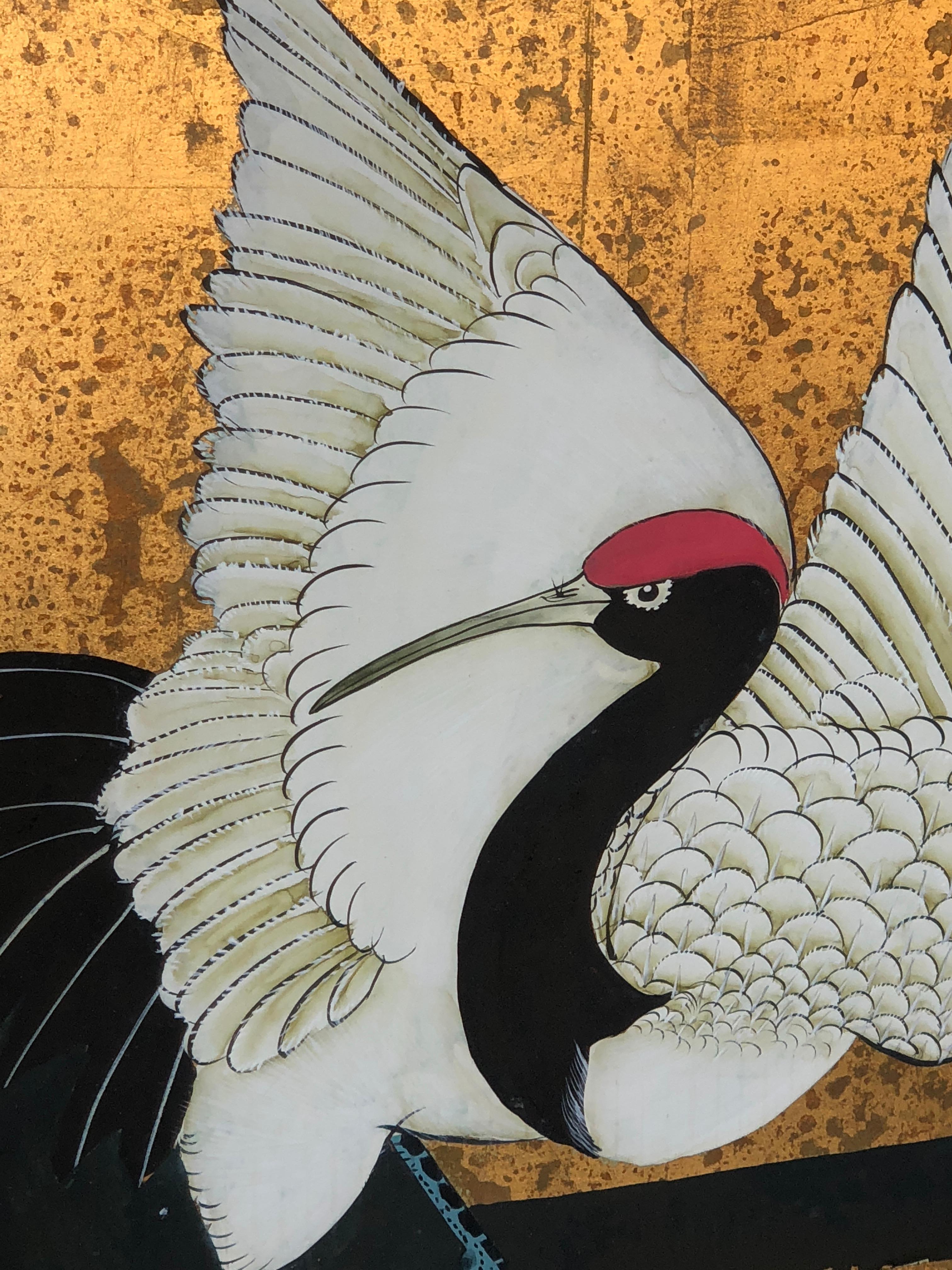 Meiji Era Cranes along a River Japanese Screen Grues Aux Bords D'une Riviere For Sale 2