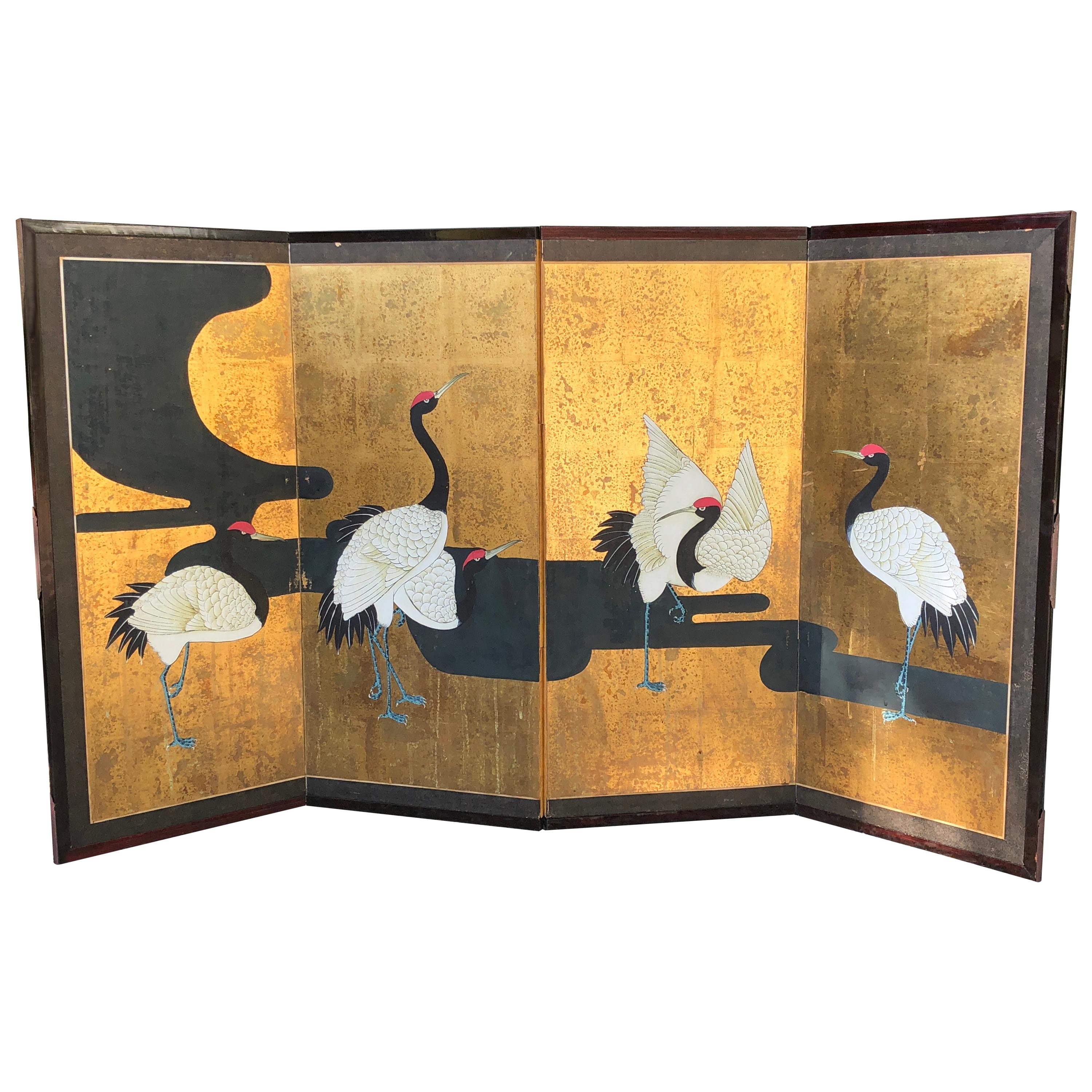 Meiji Era Cranes along a River Japanese Screen Grues Aux Bords D'une Riviere For Sale