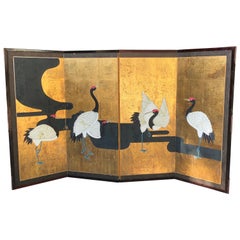 Antique Meiji Era Cranes along a River Japanese Screen Grues Aux Bords D'une Riviere